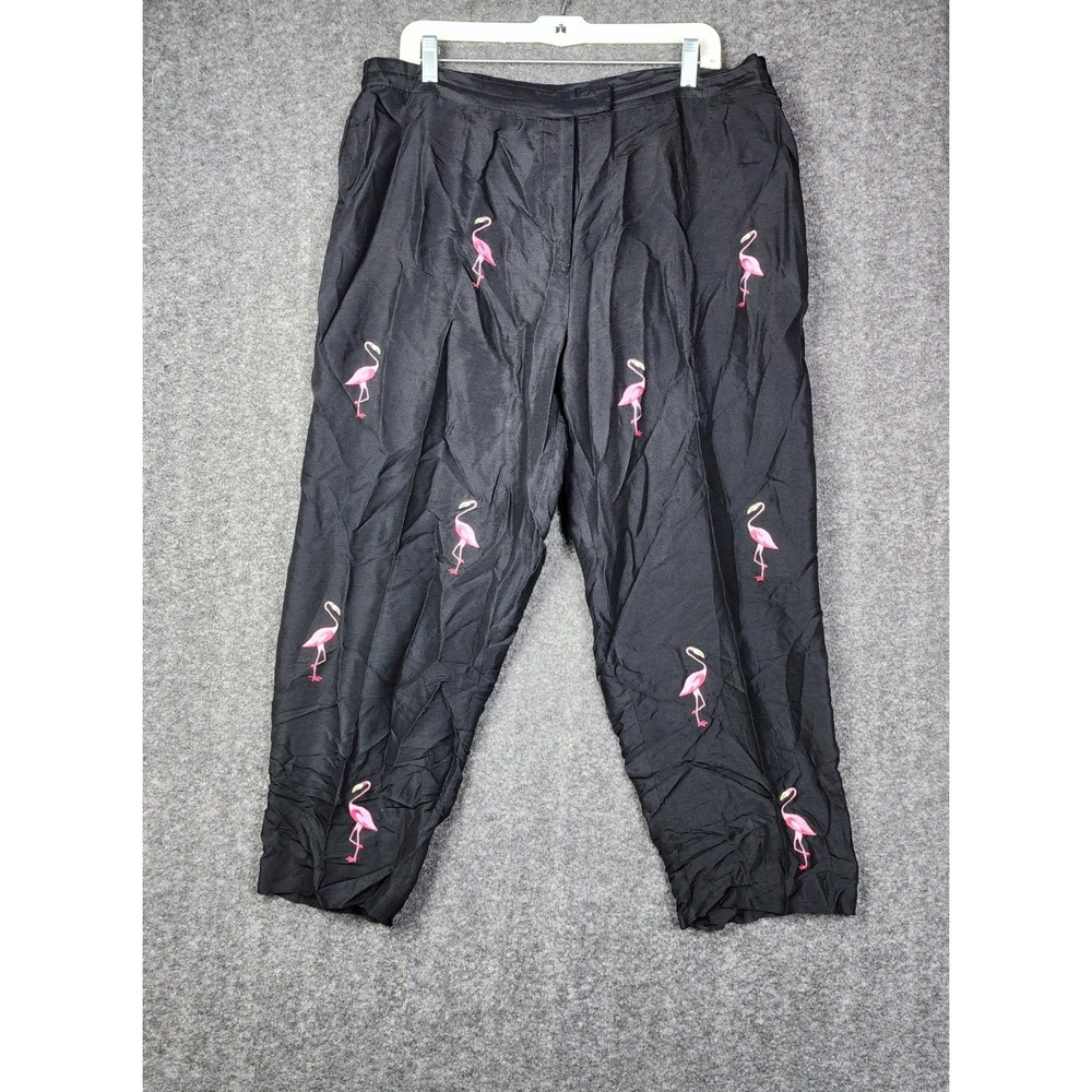 Silks by I.S.C. Silk Trousers Women Large Black Pink Flamingo Embroidered Pants
